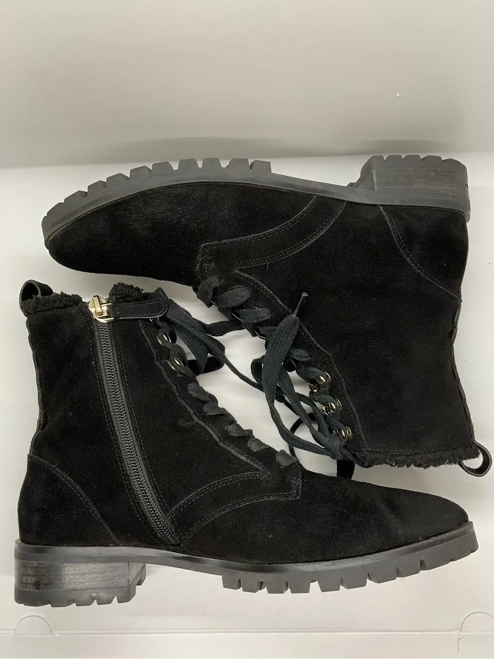 KATE SPADE NEW YORK Raegan Faux Shearling Combat Suede Black Boots  Size 6.5